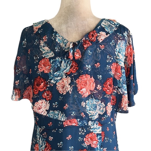 Sundance Silk Crinkly Chiffon Navy Blue Floral Print Ruffle Midi Dress - 14 - Picture 6 of 10